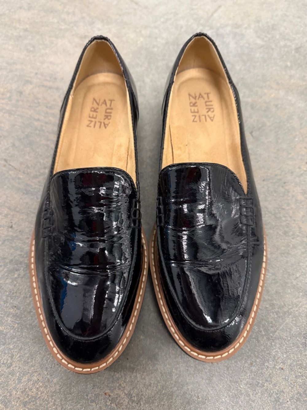 Naturalizer Black Patent Leather Penny Loafers with Tan Contrast Sole